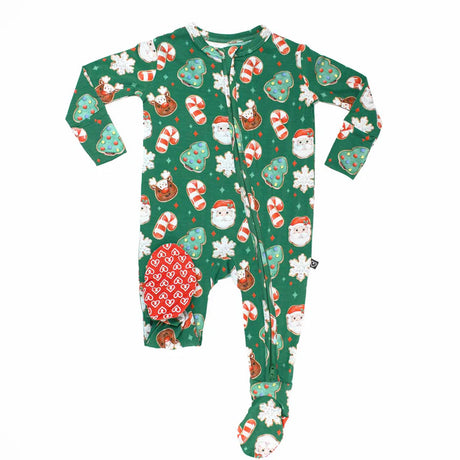 Christmas-themed baby onesie with festive patterns on a white background