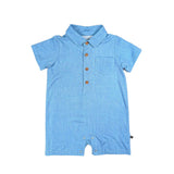 Blue baby romper with collar and buttons on a white background