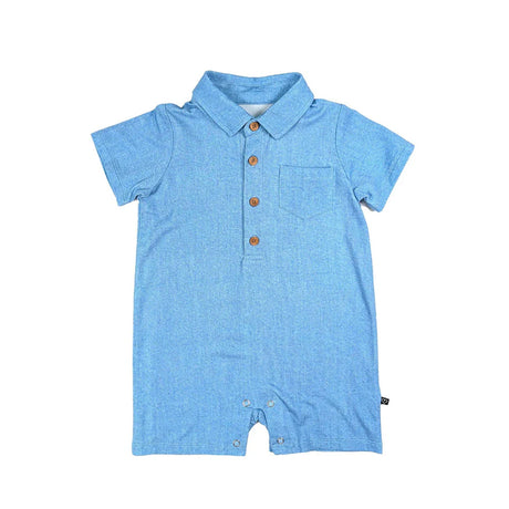 Blue baby romper with collar and buttons on a white background