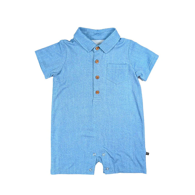 Blue baby romper with collar and buttons on a white background
