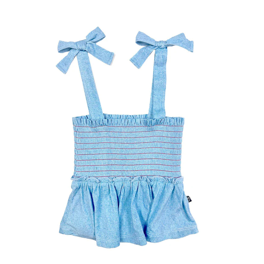 Blue striped romper with bow straps on a white background