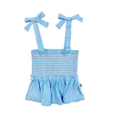 Blue striped romper with bow straps on a white background