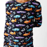 Long-sleeve shirt with colorful car pattern on a black background