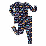Children's pajama set with car pattern on a white background