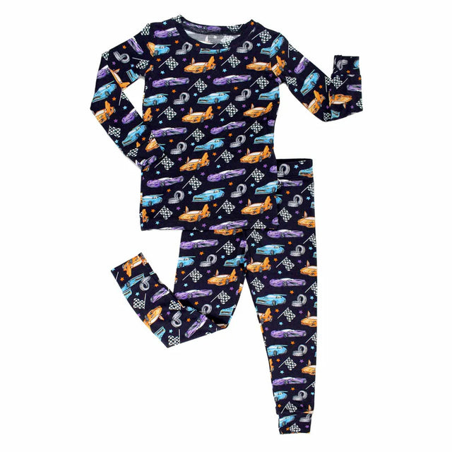 Children's pajama set with car pattern on a white background