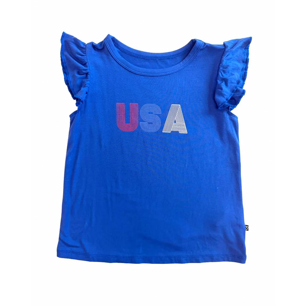 A bright blue girls' short-sleeve top with ruffled flutter sleeves and a 'USA' graphic across the chest in red, white, and blue, shown on a plain white background.