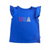 A bright blue girls' short-sleeve top with ruffled flutter sleeves and a 'USA' graphic across the chest in red, white, and blue, shown on a plain white background.