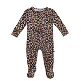 Leopard print baby onesie on a white background