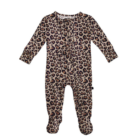 Leopard print baby onesie on a white background
