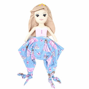 Plush doll with a blue dress featuring castle patterns on a white background