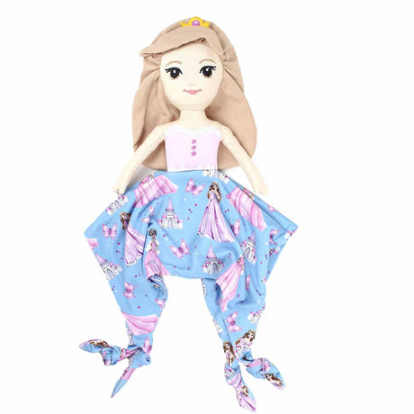 Plush doll with a blue dress featuring castle patterns on a white background