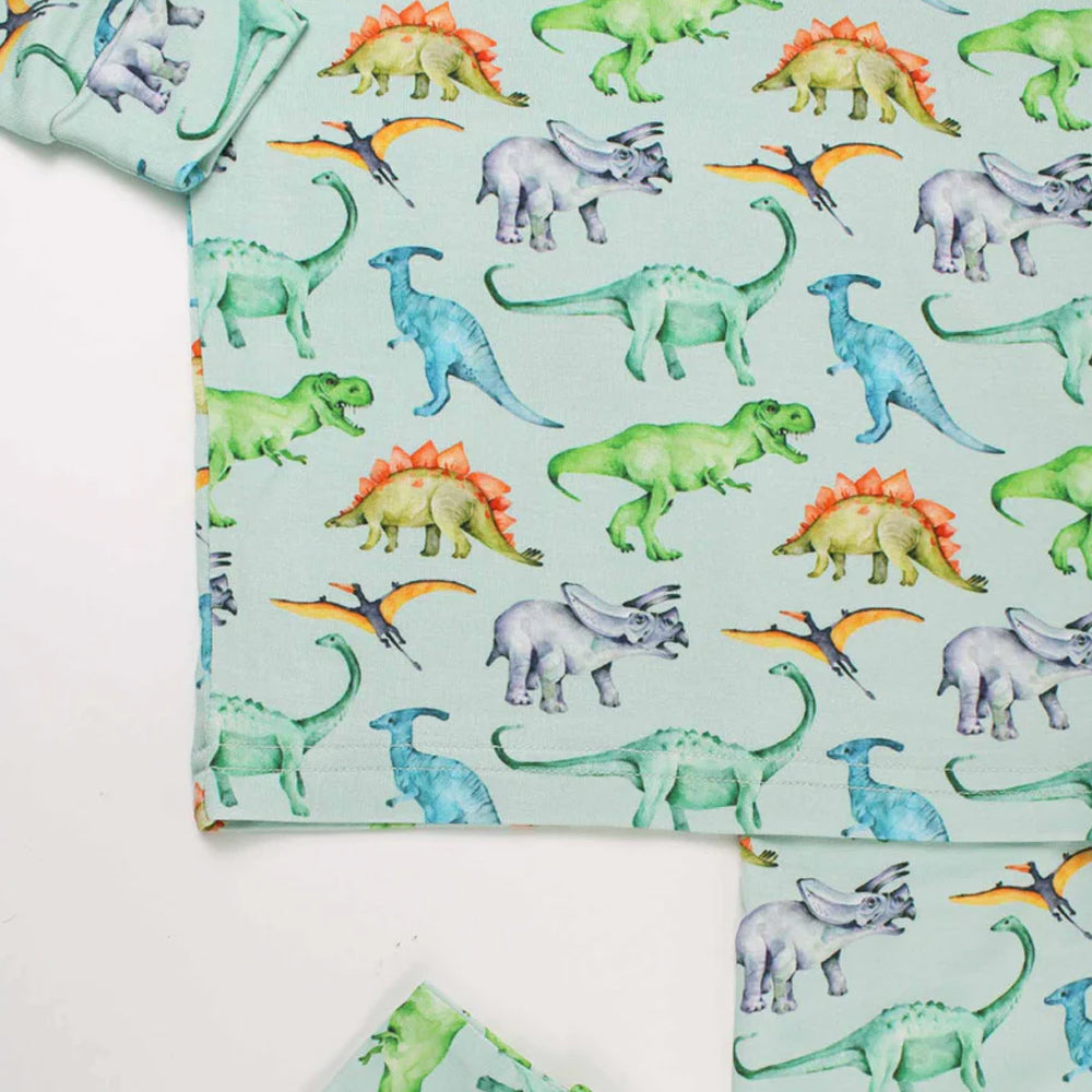 Dinosaur-patterned fabric with colorful dinosaurs on a light blue background