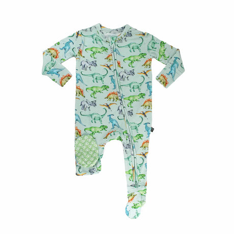 Baby onesie with dinosaur pattern on a light blue background