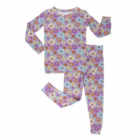 Floral pajama set with long-sleeve top and pants on a white background