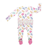 Baby onesie with colorful macaron pattern on a white background