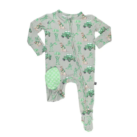 Baby onesie with green and gray pattern on a white background