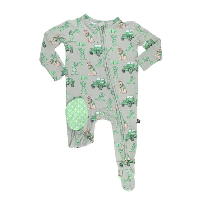 Baby onesie with green and gray pattern on a white background