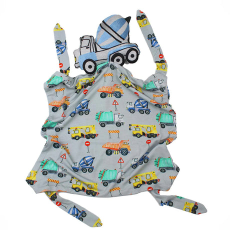 Baby blanket with construction vehicle pattern on a white background