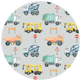 Pattern of colorful construction vehicles and traffic signs on a gray background