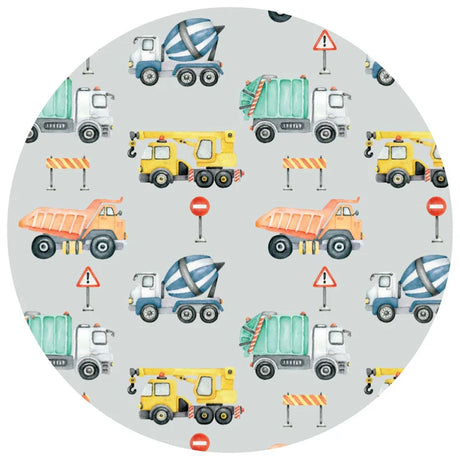 Pattern of colorful construction vehicles and traffic signs on a gray background