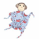 Monkey plush toy with a blue blanket featuring red tool patterns on a white background