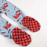 Pair of oven mitts with tool pattern on one and heart pattern on the other, on a white background.