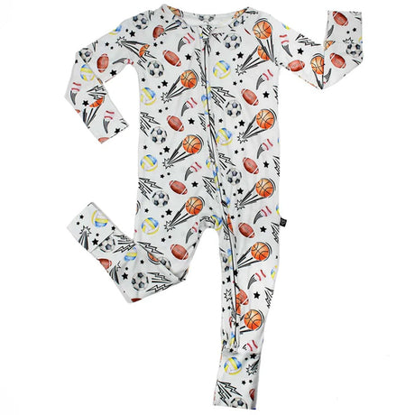 Baby onesie with sports-themed print on a white background
