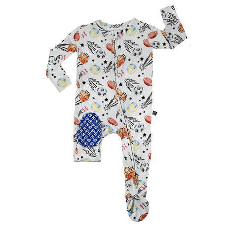 Baby onesie with sports-themed print on a white background