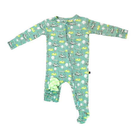 Baby onesie with a green and blue pattern on a white background