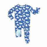 Blue baby onesie with cloud and bear pattern on a white background