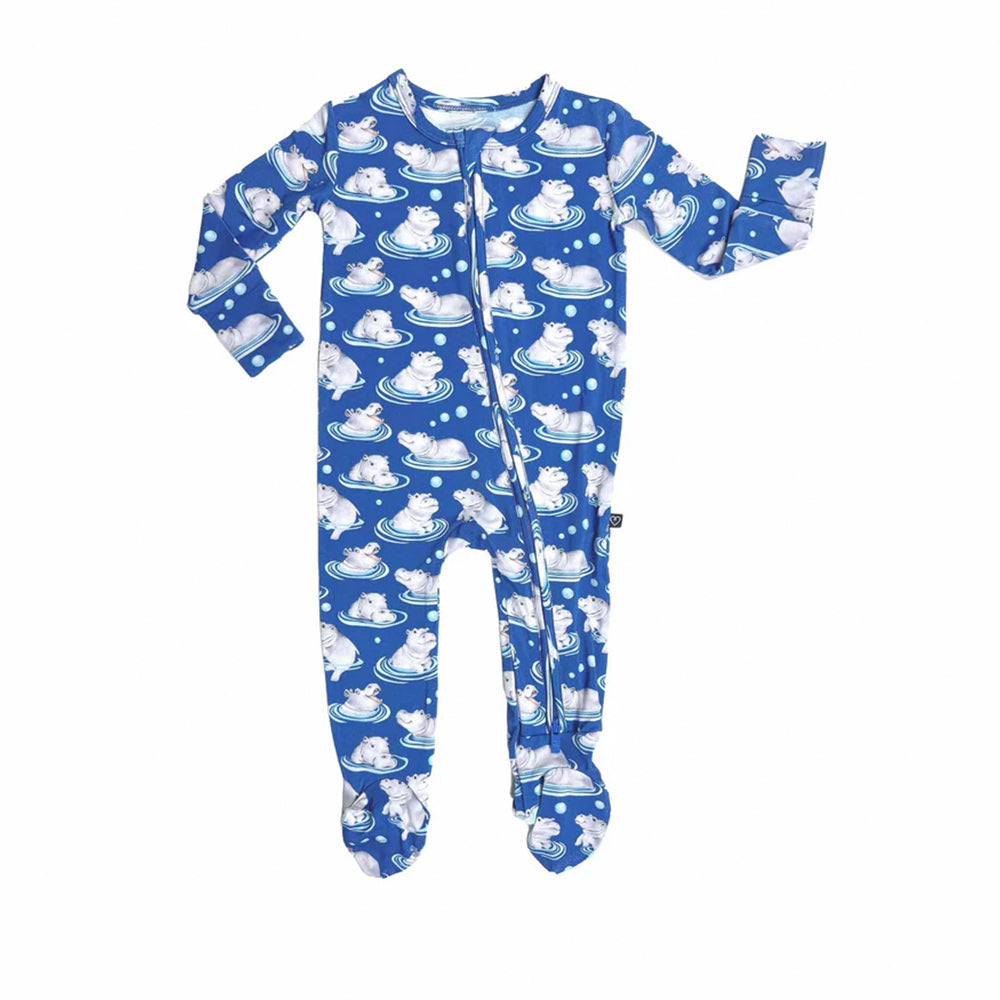 Blue children's onesie with polar bear and ice pattern on a white background