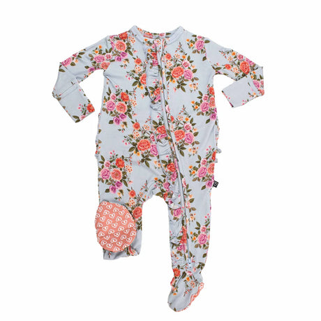 Floral baby onesie with footies on a white background