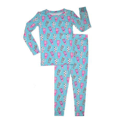 Children's pajama set with a blue background and pink and white pattern on a white background