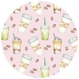 Pattern of coffee cups and beans on a pink background