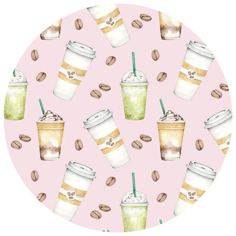 Pattern of coffee cups and beans on a pink background