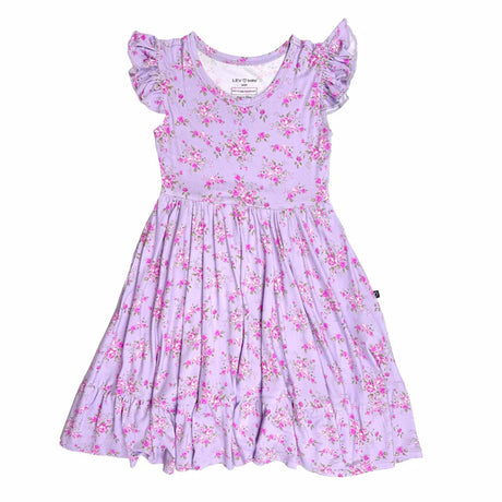 Lavender dress with pink floral pattern on a white background