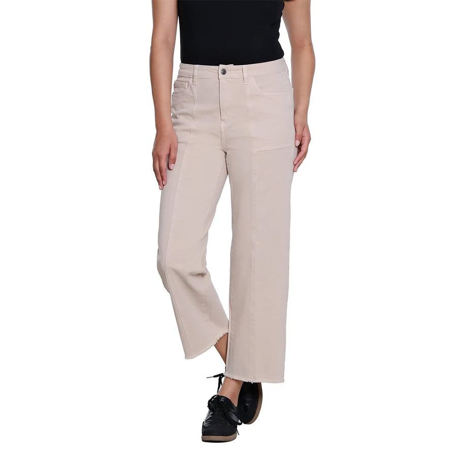 A model wearing a pair of light beige wide-leg cropped pants with a side slit, paired with a black top and black shoes, shown against a plain white background.