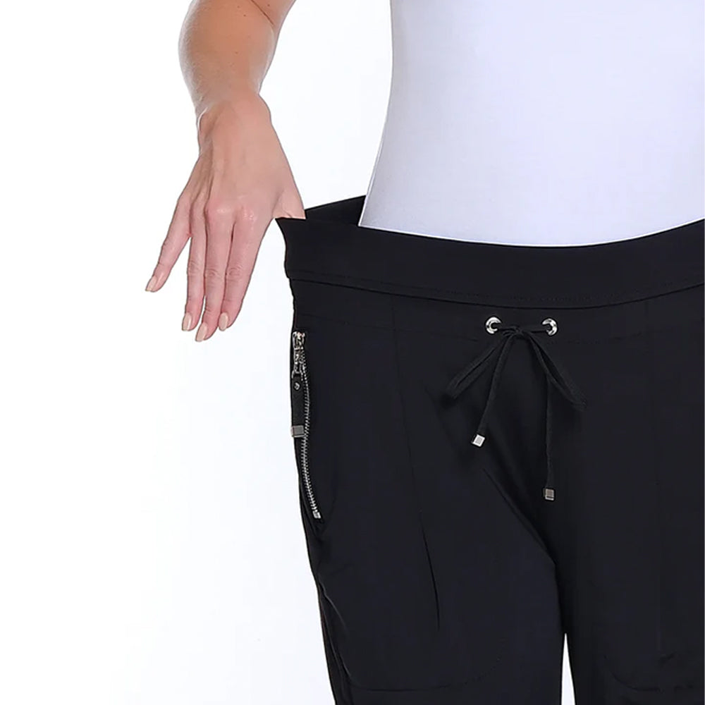 Black pants with a drawstring waistband on a white background