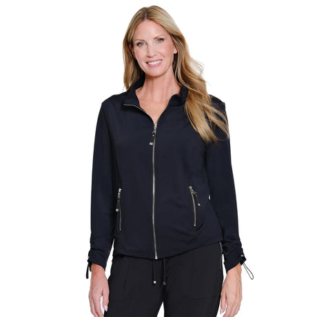 Woman wearing a black jacket with zippers on a white background