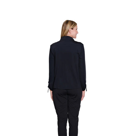 Person wearing a black outfit on a white background