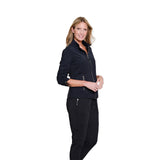 Woman wearing a black jacket and pants on a white background