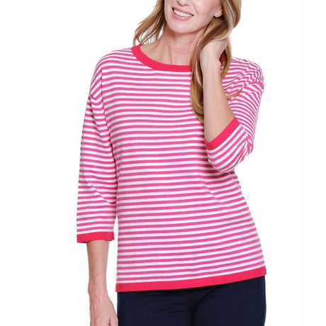 Woman wearing a pink and white striped shirt on a white background