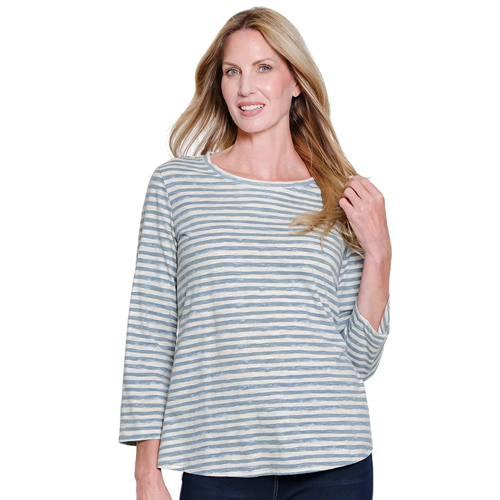 Woman wearing a striped shirt on a white background