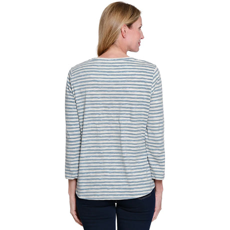 Woman wearing a striped long-sleeve shirt on a white background