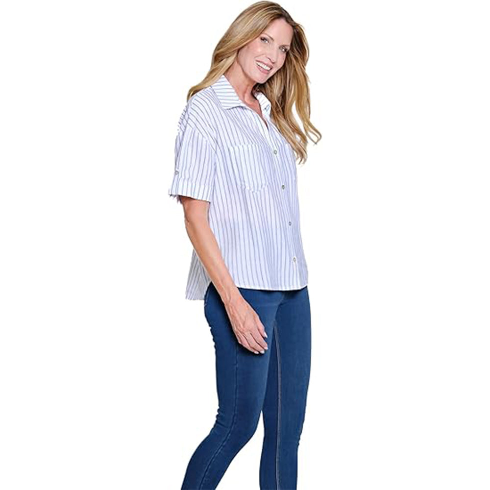 Woman wearing a striped shirt and blue jeans on a white background