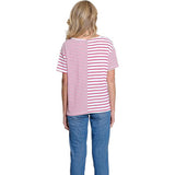 Person wearing a red and white striped shirt and blue jeans on a white background