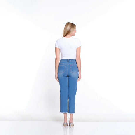 Multiples Medium Indigo Embroidery & Fringe Tulip Hem Crop Jean