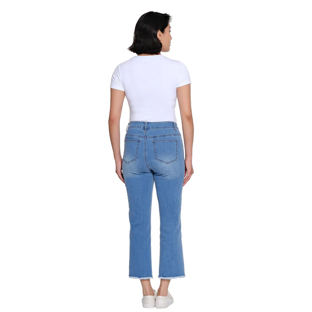 Person wearing blue jeans and a white t-shirt on a white background