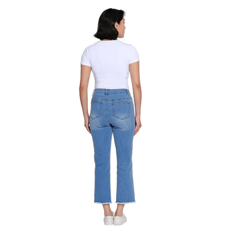 Person wearing blue jeans and a white t-shirt on a white background