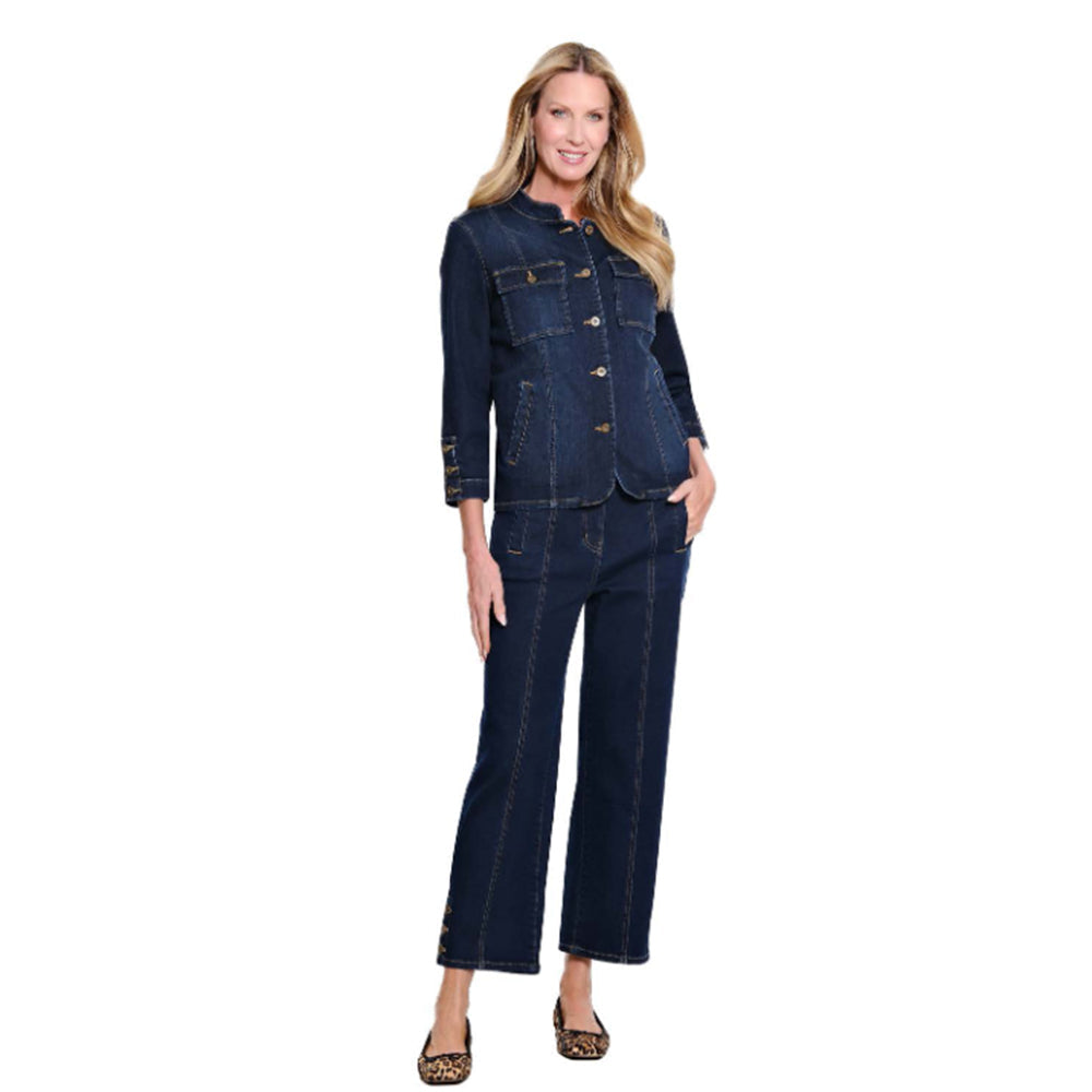 A woman modeling a dark wash denim two-piece set consisting of a cropped button-front jacket and matching wide-leg cropped pants, shown against a plain white background.